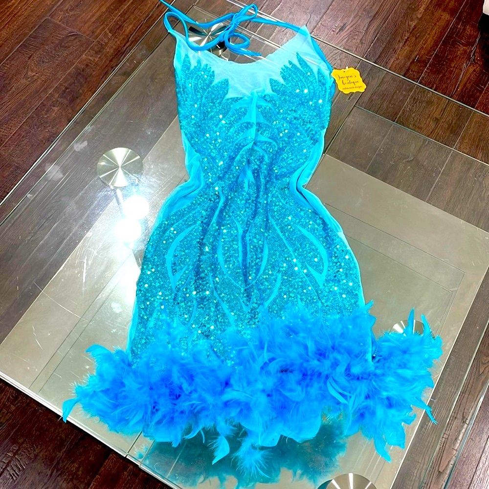 NWT turquoise mesh embellished luxe sequin halter mini low back ostrich feather